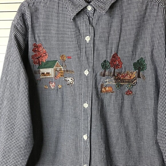 Solutions Casualwear Button Front Embroidered Shirt Size M‎ Black White Check - Picture 3 of 10